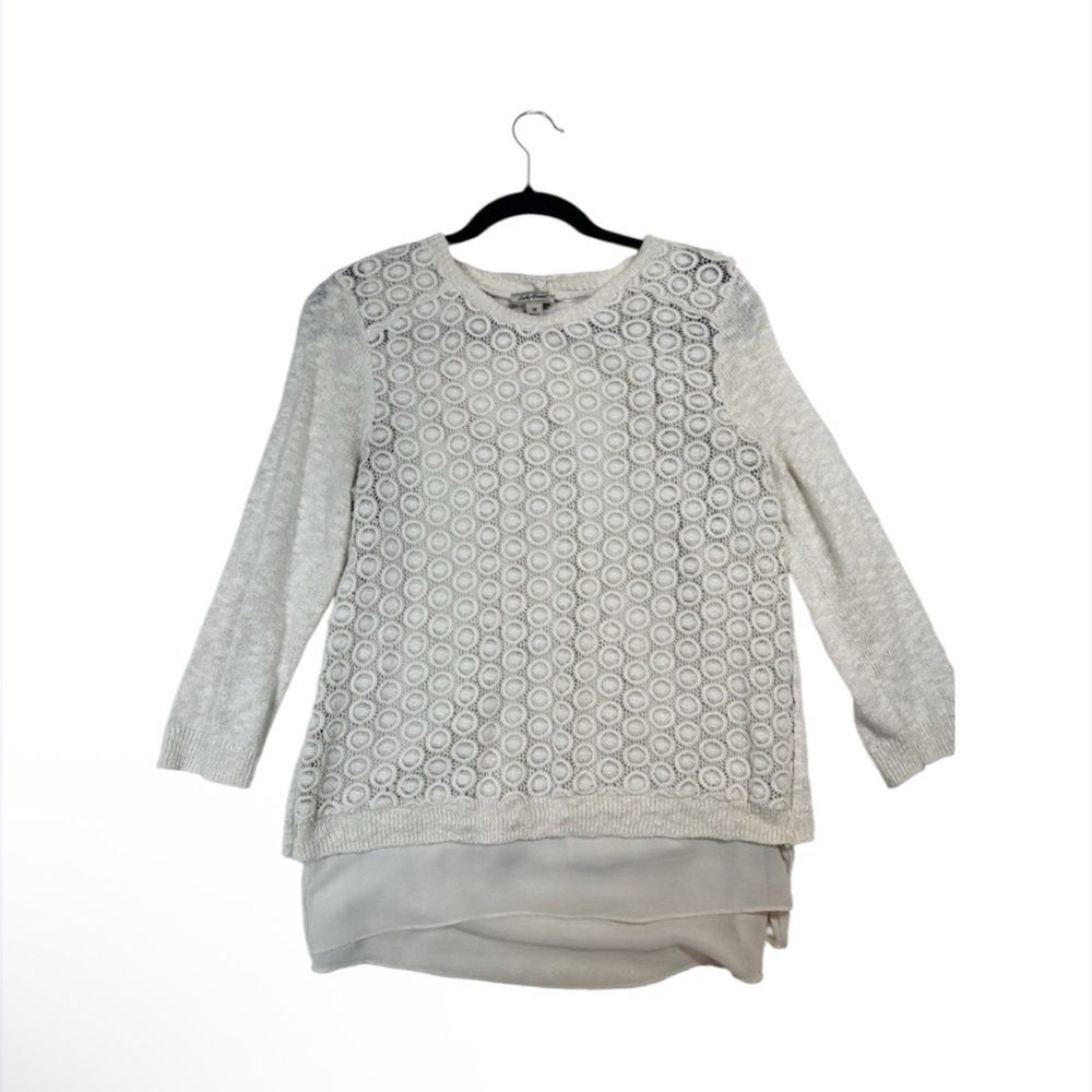 Lucky Brand Women's Sweater Top Lace Crochet Vanilla Knit Split Back Size M